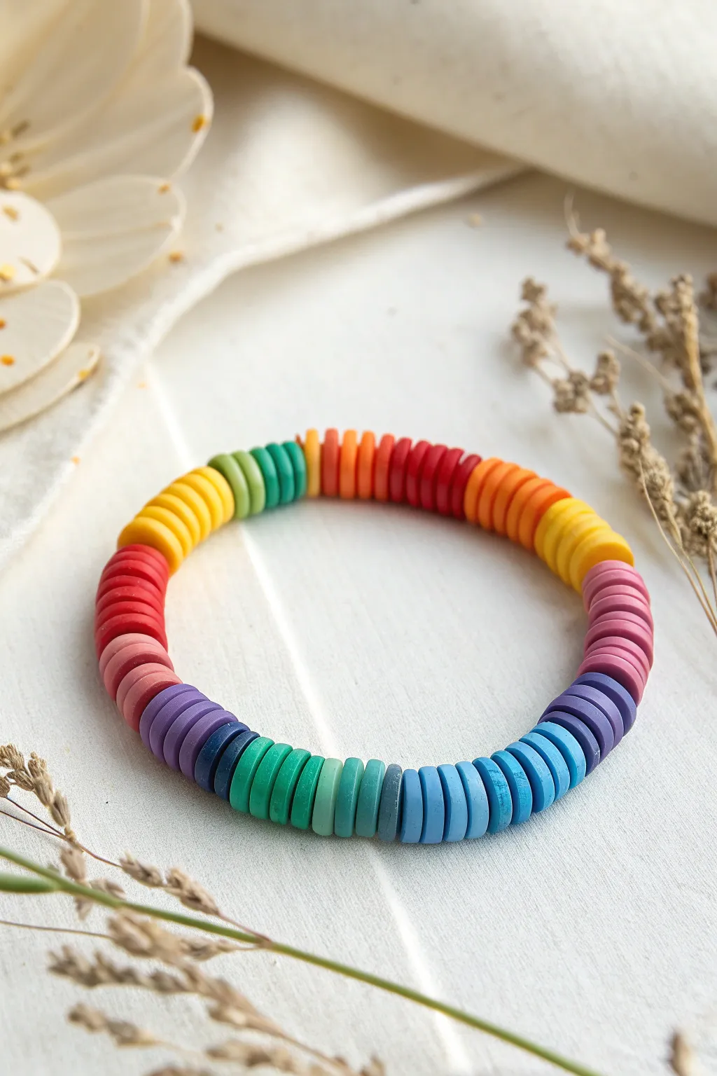 Classic rainbow polymer clay heishi stretch bracelet, minimalist styling with crisp color contrast.