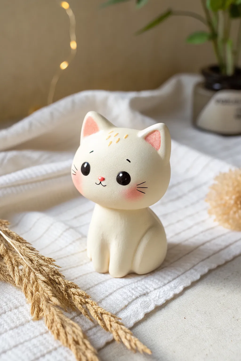 Palm-sized chibi polymer clay cat with sweet dot eyes, minimal details, and cozy matte pastels.