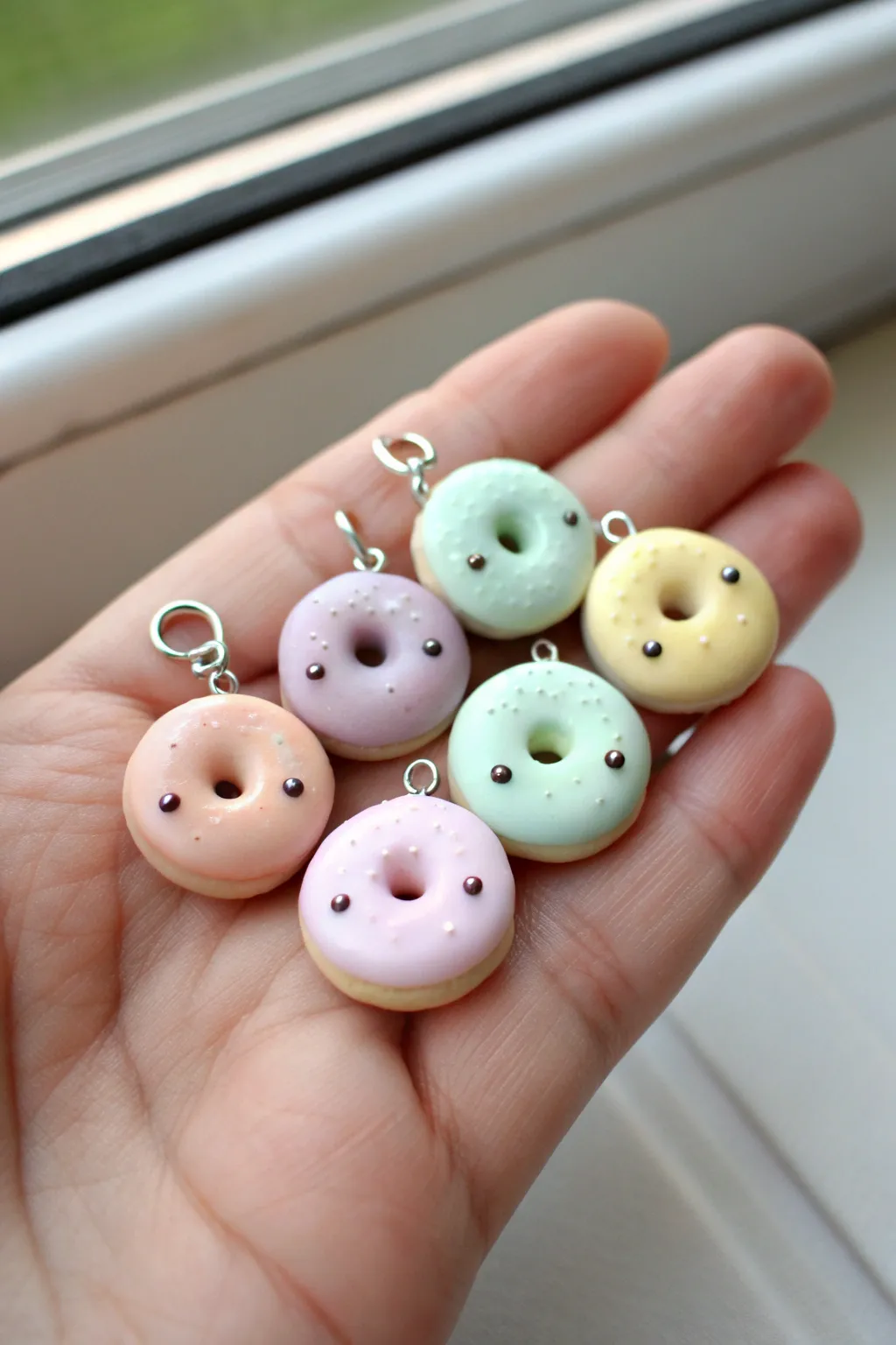 Palm-sized kawaii mini donut polymer clay charms in pastel frosting colors, each with a tidy eye pin