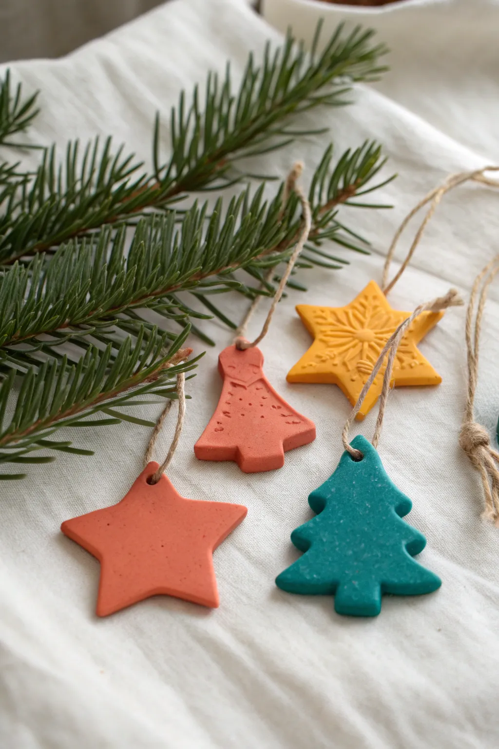 Classic polymer clay cookie-cutter ornaments in bright hues, ready to hang on your tree.
