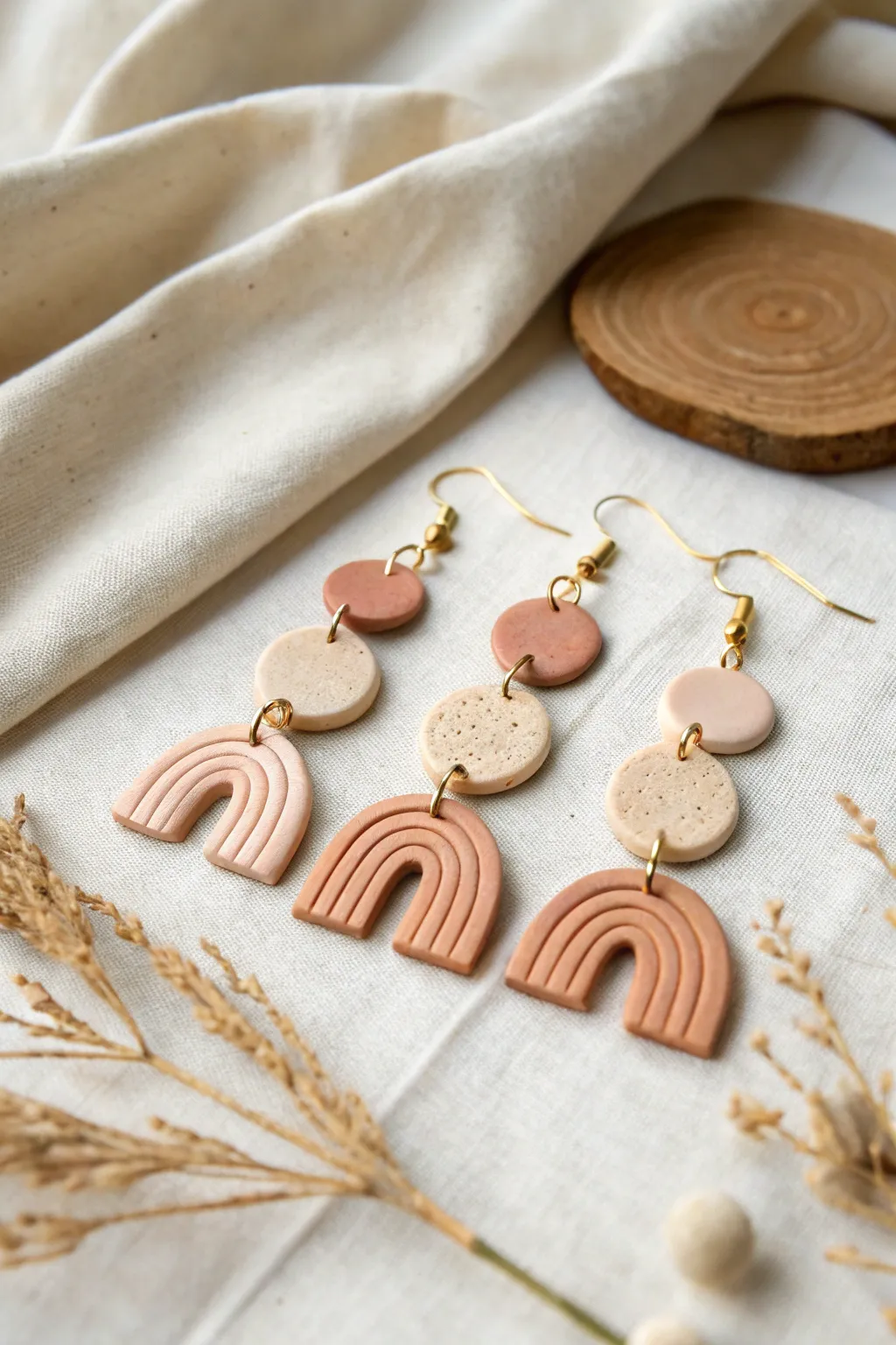 Easy polymer clay earrings in simple shapes and soft neutrals, styled minimalist with boho warmth