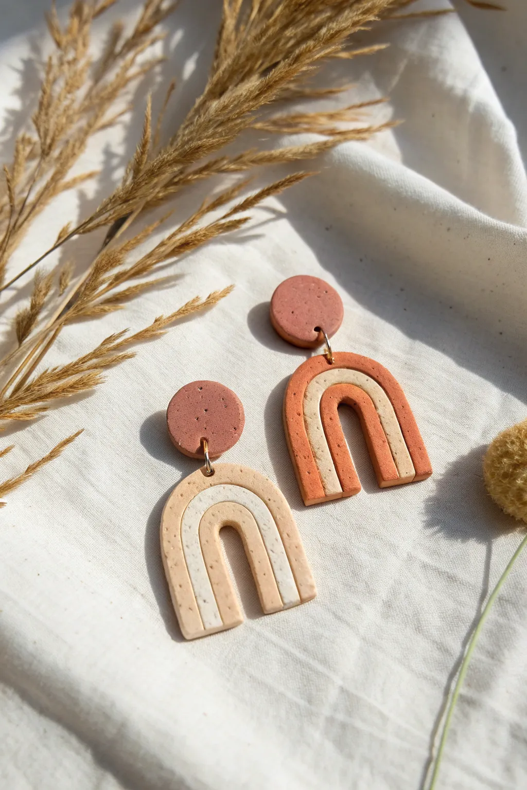 Modern geometric arch polymer clay earrings in soft earthy tones, minimal flatlay styling