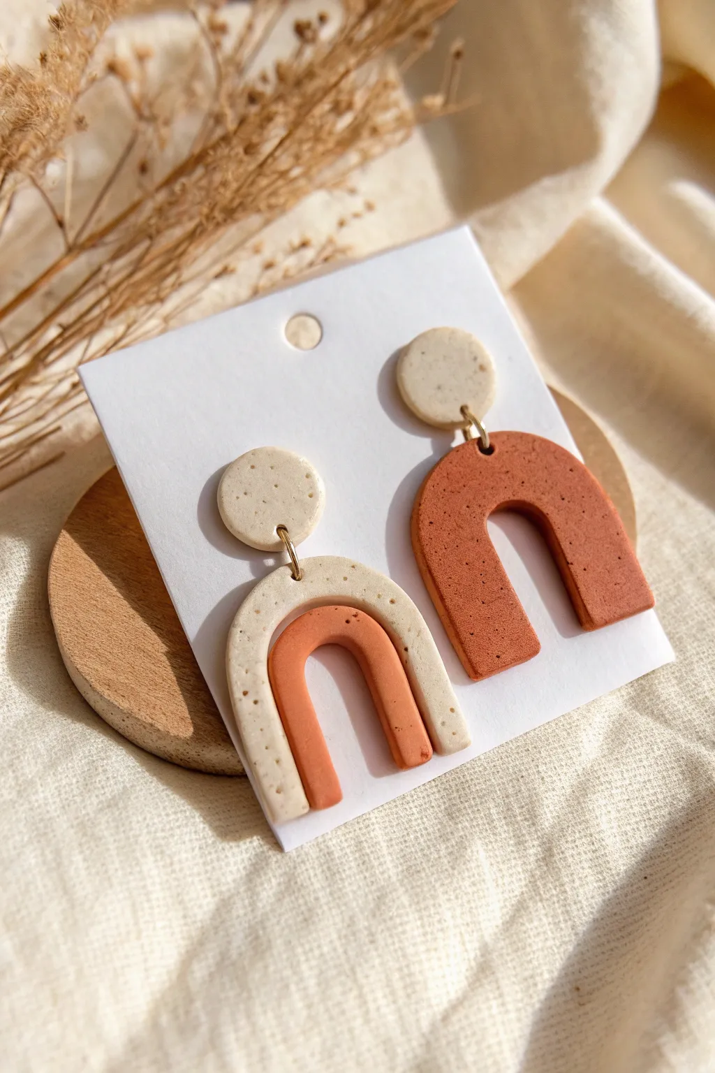 Modern polymer clay statement earrings in clean arches and circles, minimal Scandinavian style.