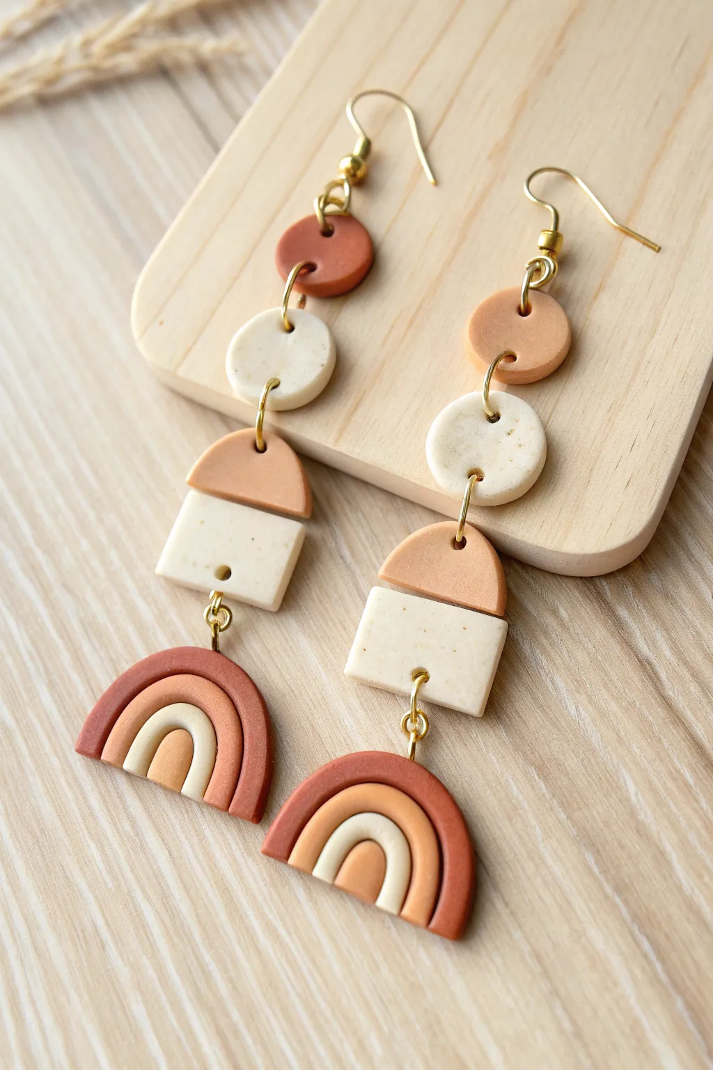 Classic neutral polymer clay stack dangles, minimalist geometric earrings with cozy boho warmth