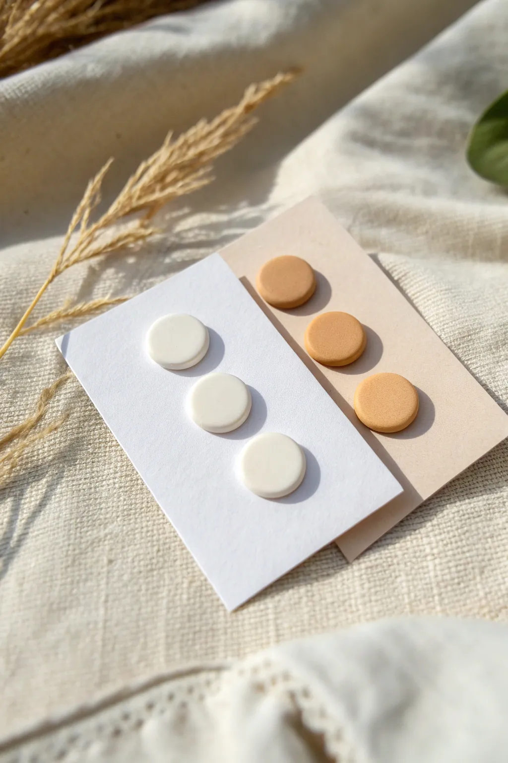 Classic beginner polymer clay circle studs in soft neutrals, clean edges, matte Scandinavian vibe.