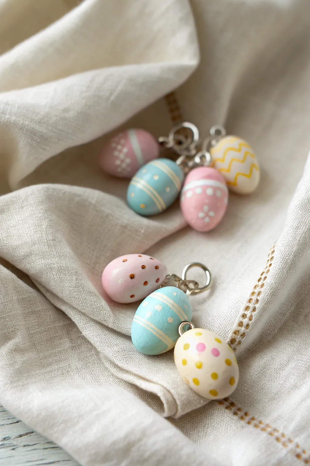 Pastel polymer clay egg charms with simple stripes and dots for sweet minimalist Easter decor.