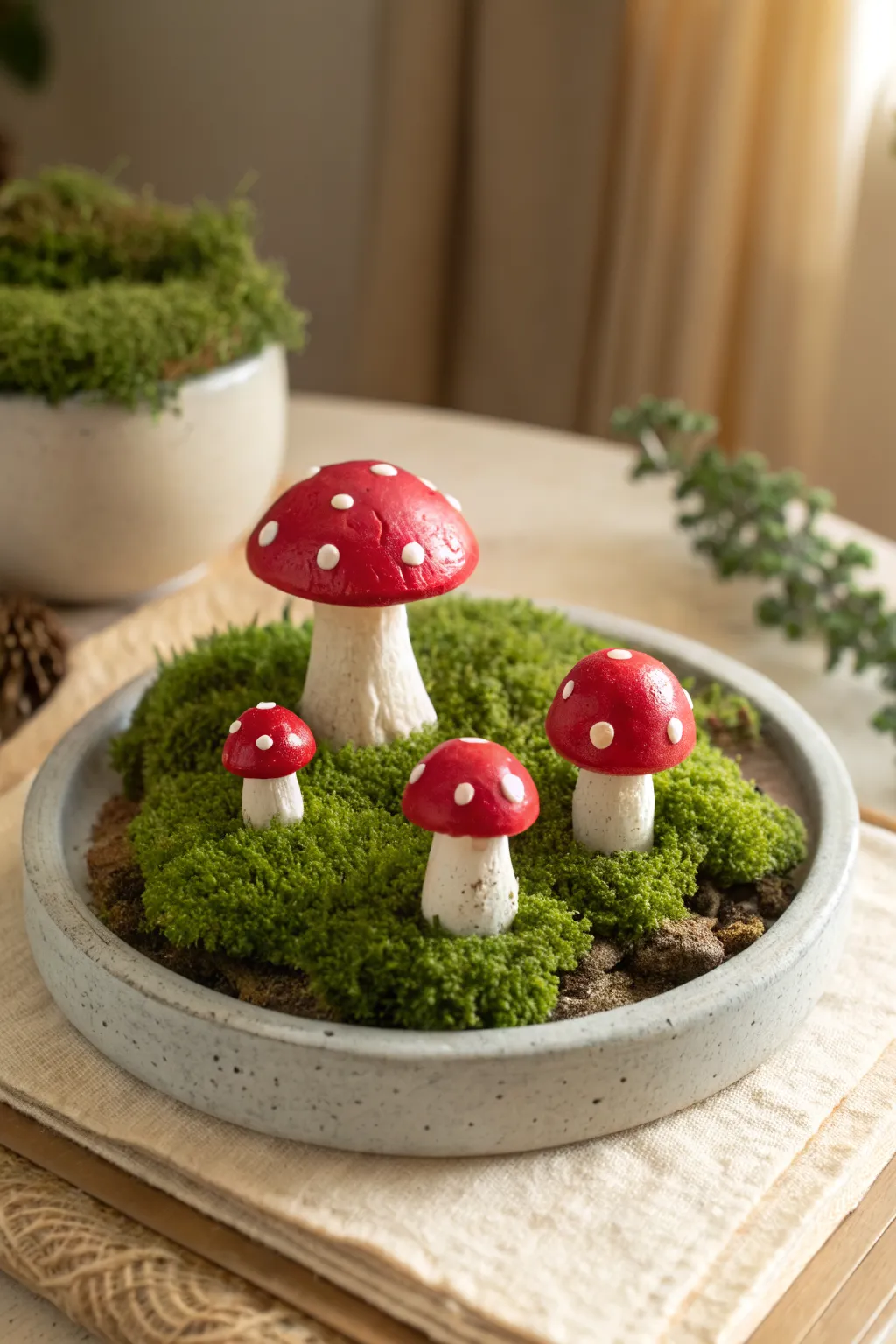 Classic red toadstool cluster in moss, a simple polymer clay fairy garden centerpiece.