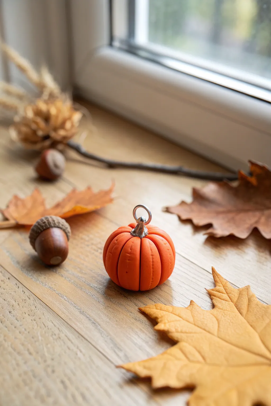 Mini polymer clay pumpkin charm on wood with dried leaves, cozy minimalist fall vibe.