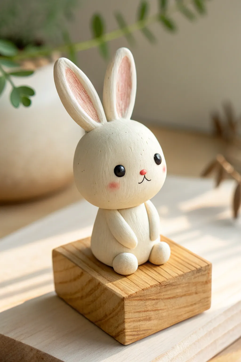 Palm-sized chibi bunny in neutral tones, a simple beginner-friendly polymer clay figure idea.