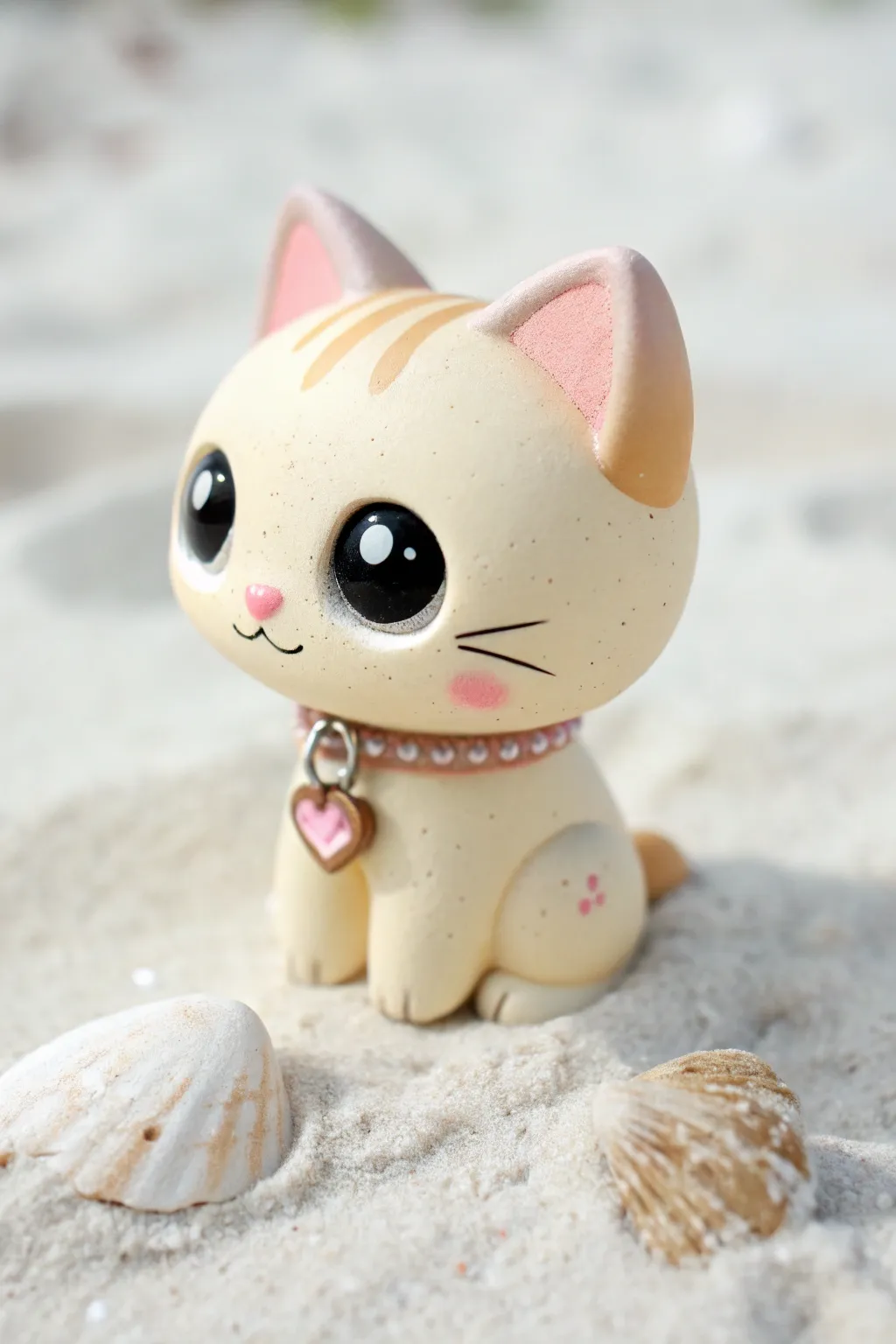 Sweet chibi polymer clay cat with big shiny eyes and a tiny heart tag, minimalist and cozy