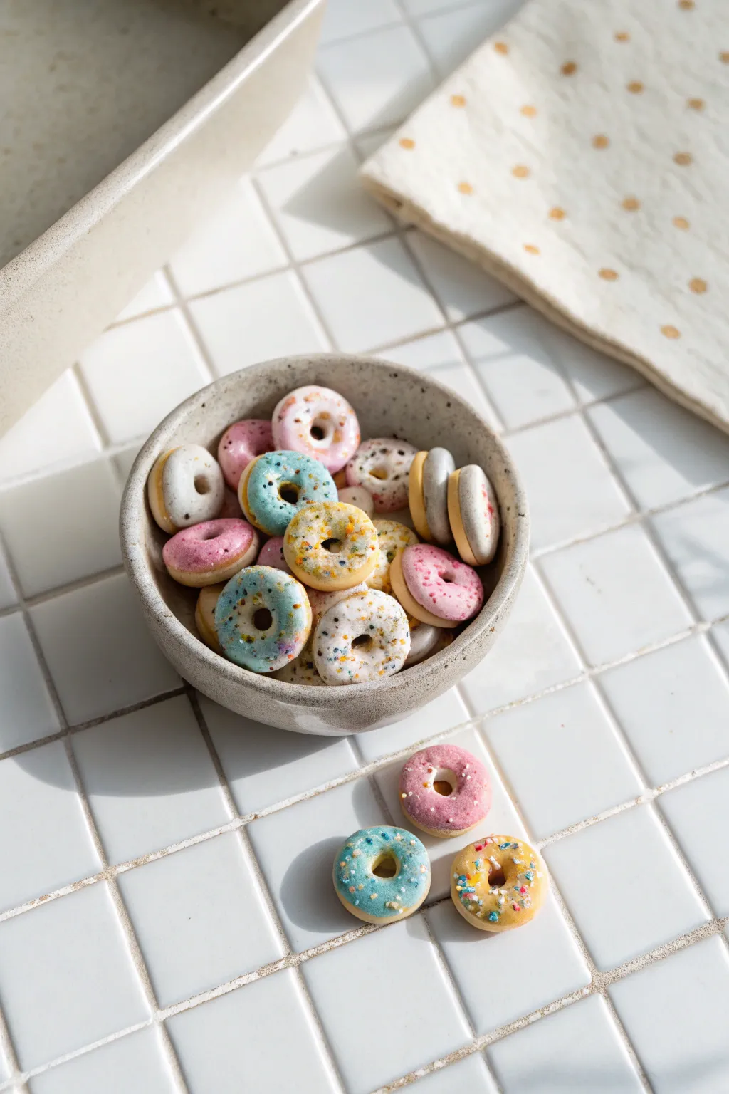 Pastel polymer clay mini donut charms with sprinkles, styled in a clean minimalist flat-lay.