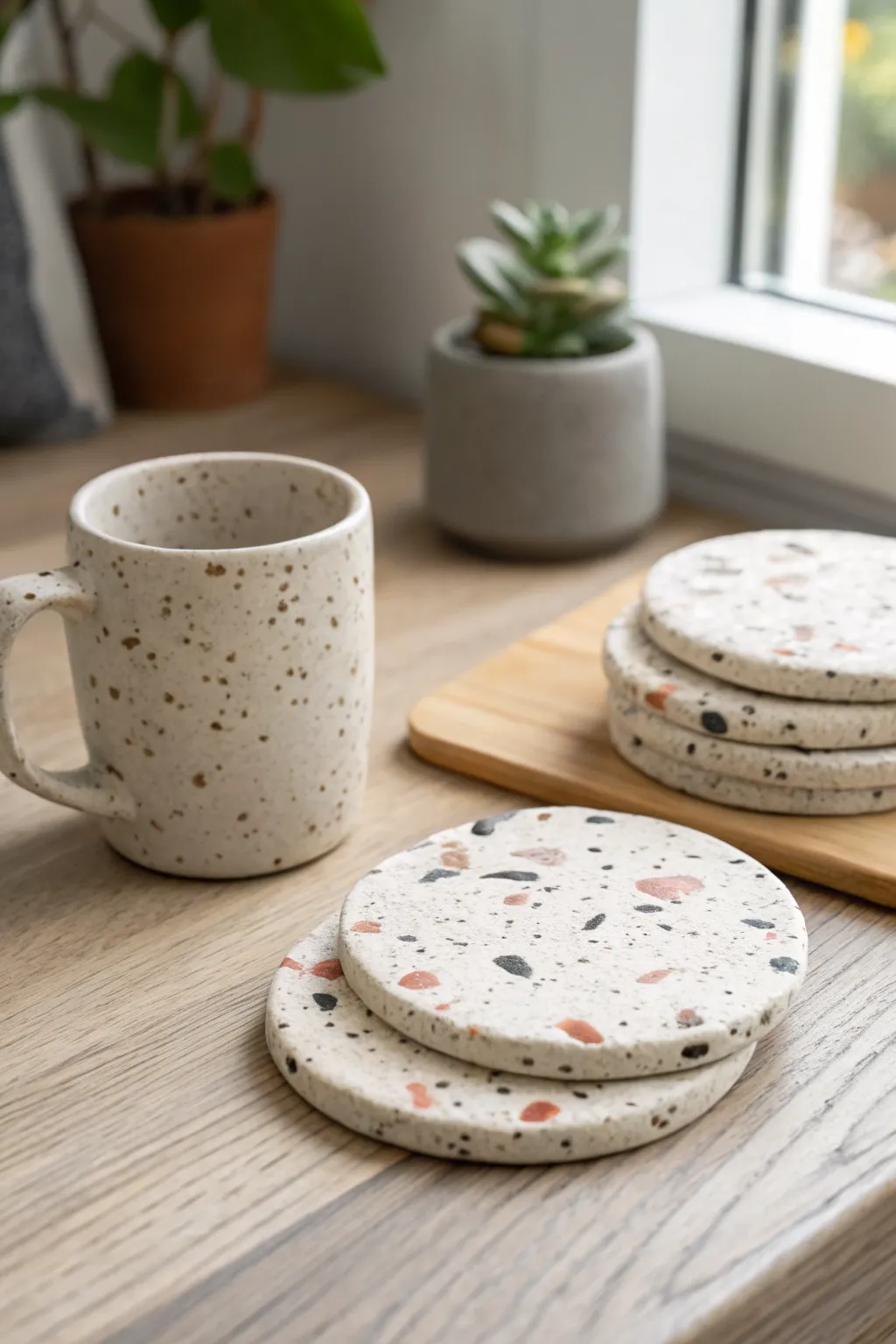 Terrazzo polymer clay coasters for a cozy minimalist coffee table moment, easy and chic.
