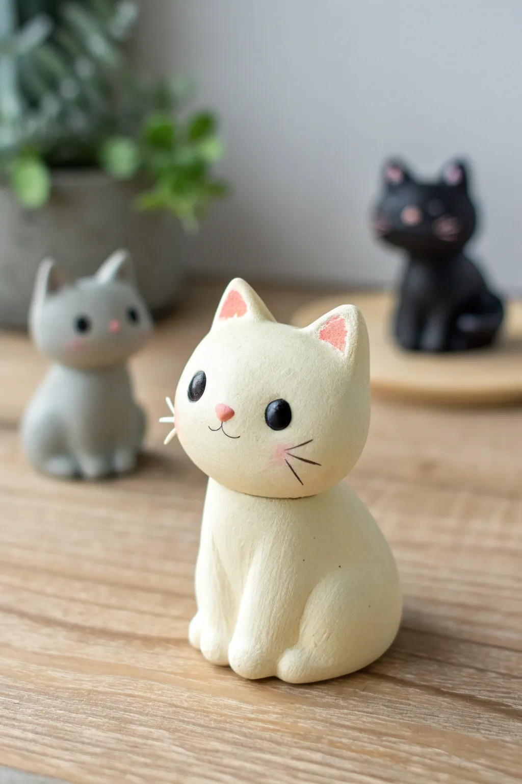 Chibi polymer clay cat figurine with simple dot eyes, soft neutrals, and a cozy minimalist vibe