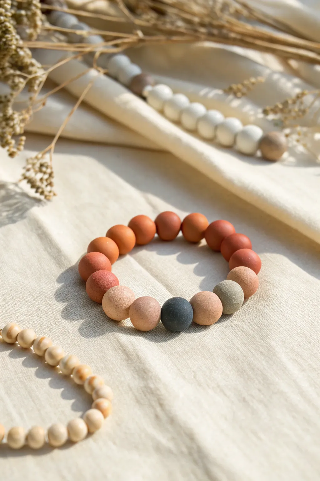 Smooth round polymer clay beads in calm solid colors, styled simply for beginner-friendly inspiration