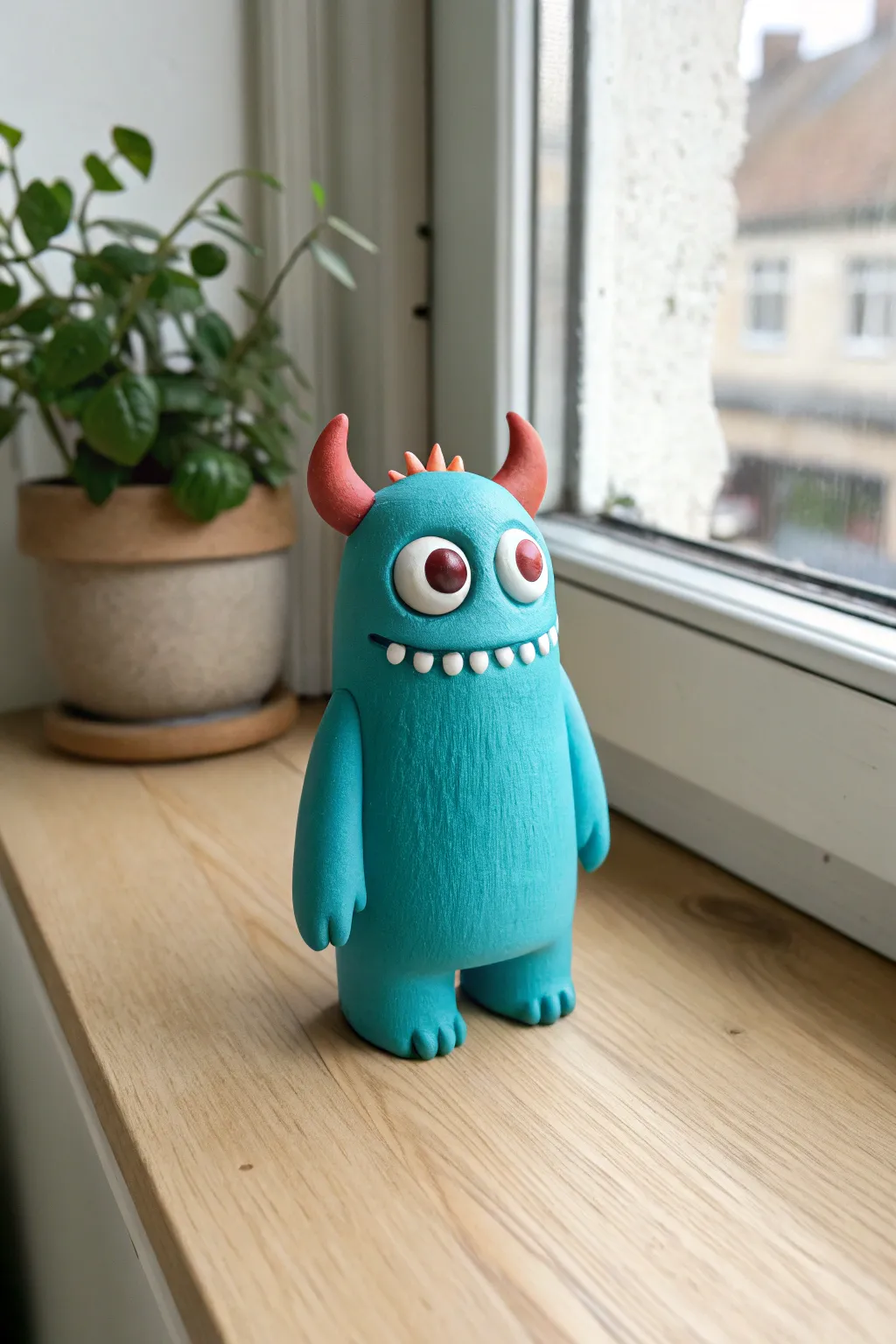 Silly polymer clay monster with big eyes and tiny horns, a fun figurine idea for boys