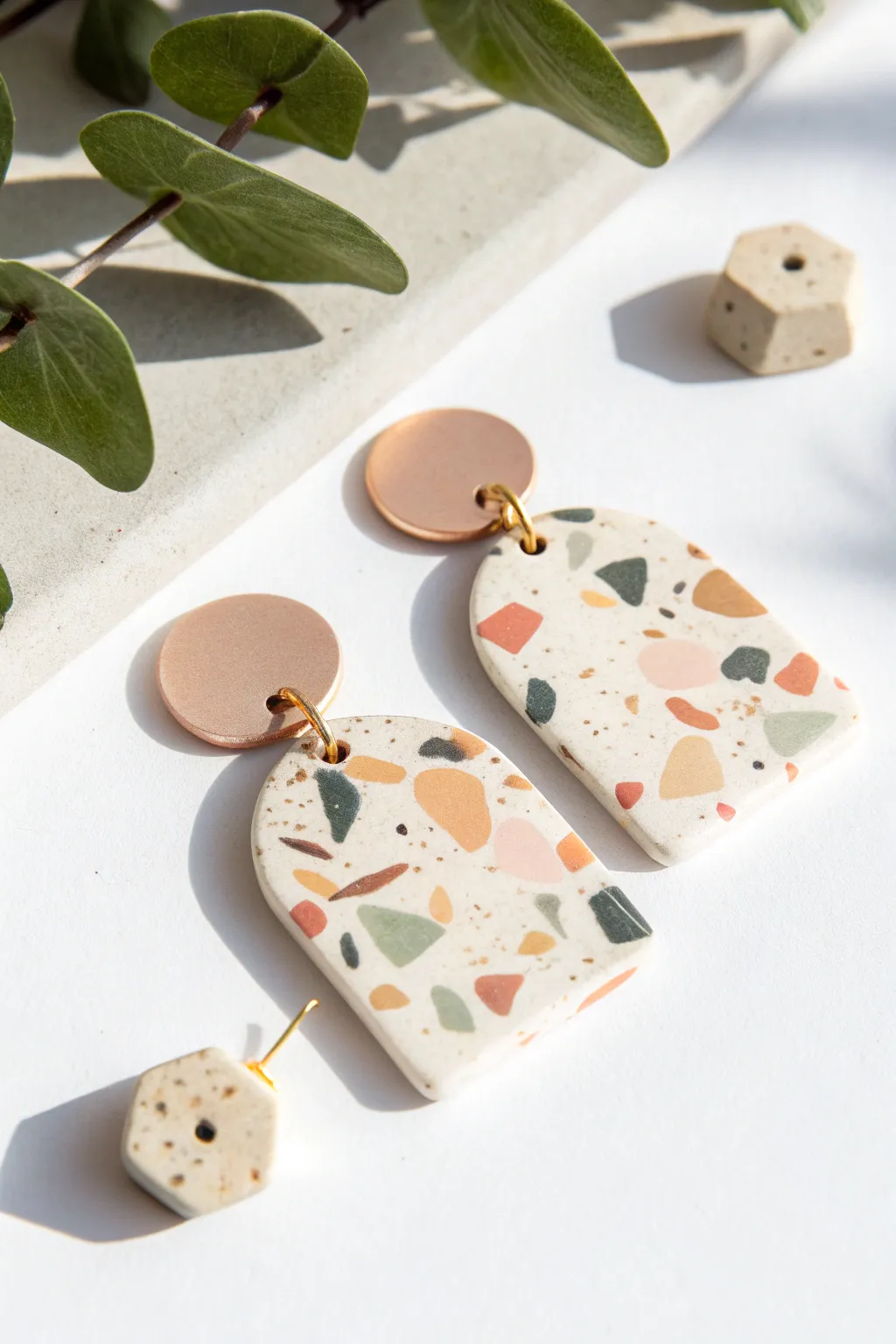 Neutral terrazzo polymer clay dangle earrings, minimalist geometry with a soft boho vibe.