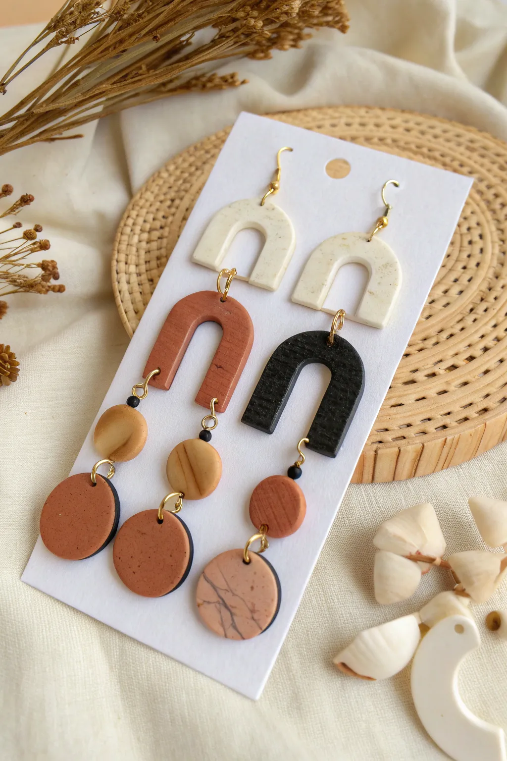 Bold polymer clay dangle earrings in terracotta, cream, and black, styled in a clean lineup.