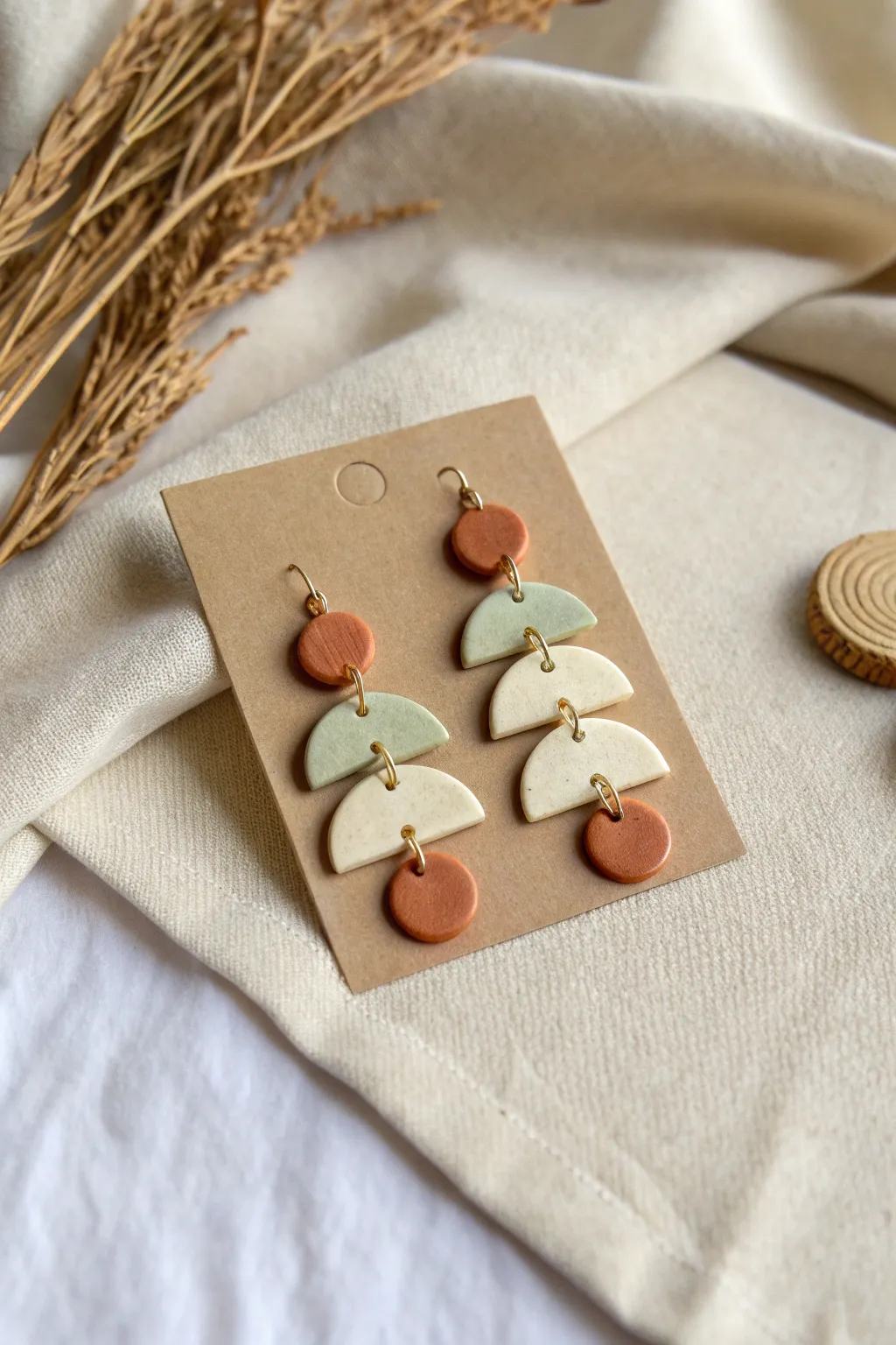 Minimalist polymer clay statement dangles in earthy tones, styled on a blank ear card