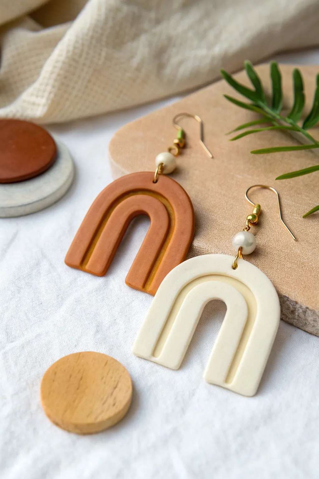 Classic arch dangles in neutral and earthy tones, minimalist polymer clay jewelry inspiration.