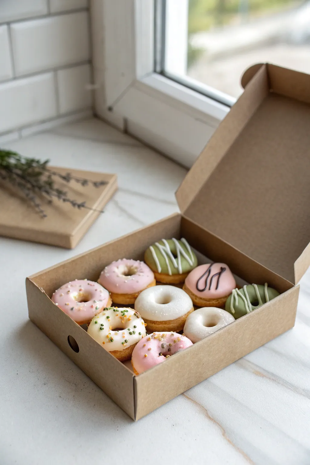 Mini polymer clay donut box assortment in pastel glazes, tiny and charming on a clean tabletop.