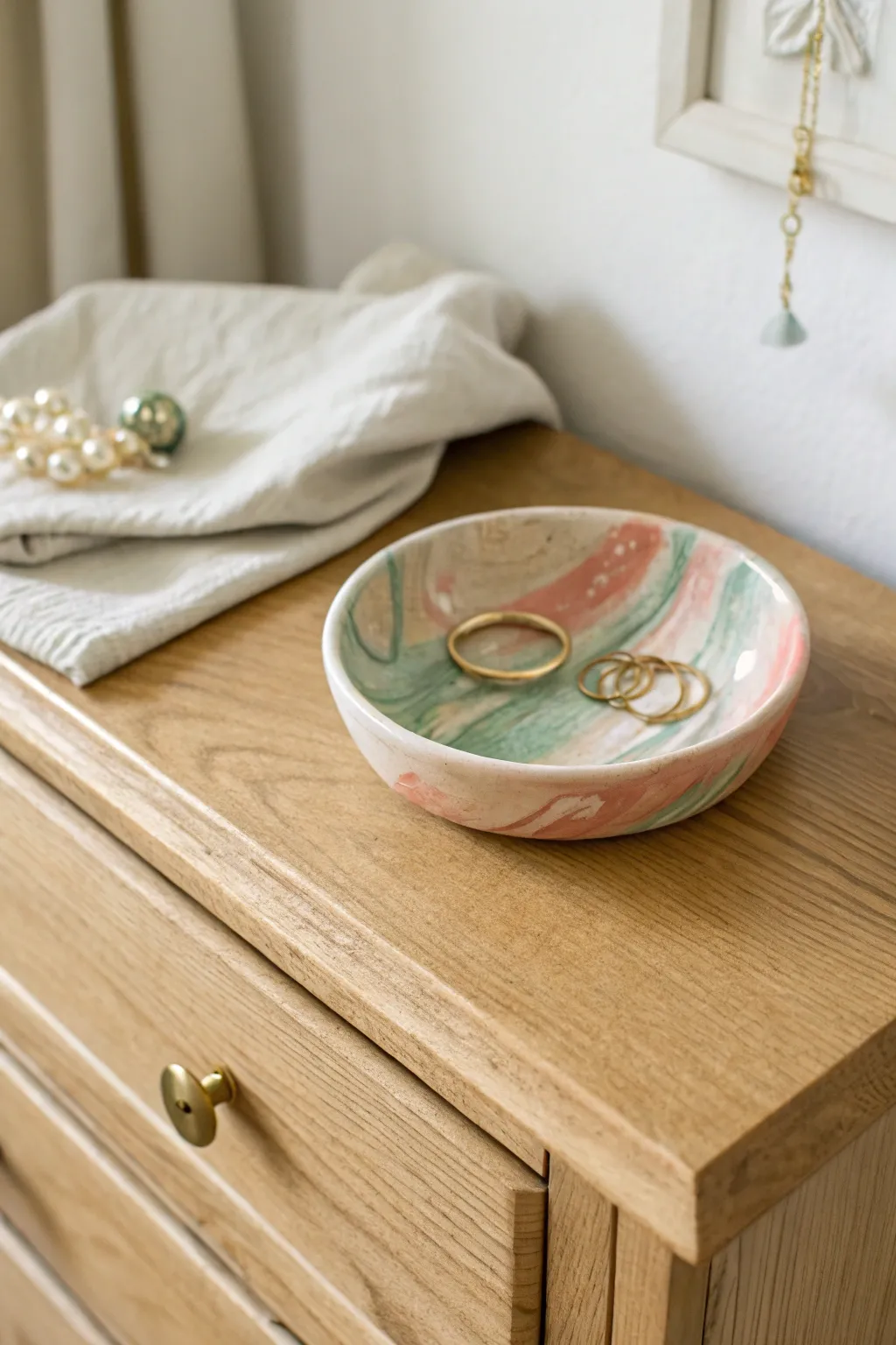 Soft marbled trinket dish in spring tones, a simple Mothers Day gift for her rings and studs