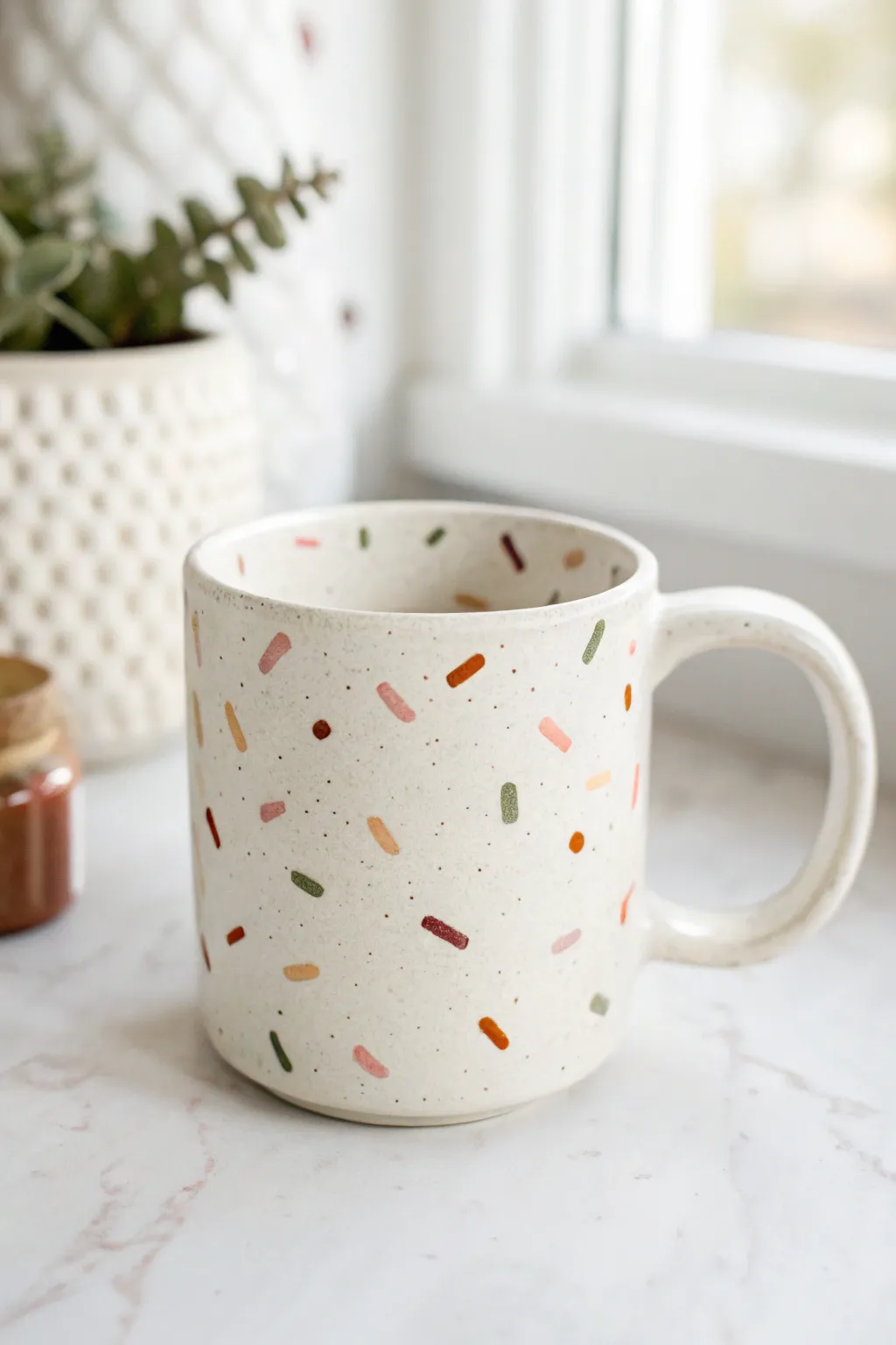 Minimal white mug with soft polymer clay confetti sprinkles in calm, modern boho colors