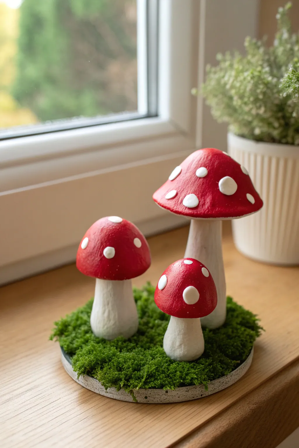 Three classic red-and-white polymer clay toadstools on a simple green base, cozy and minimalist.