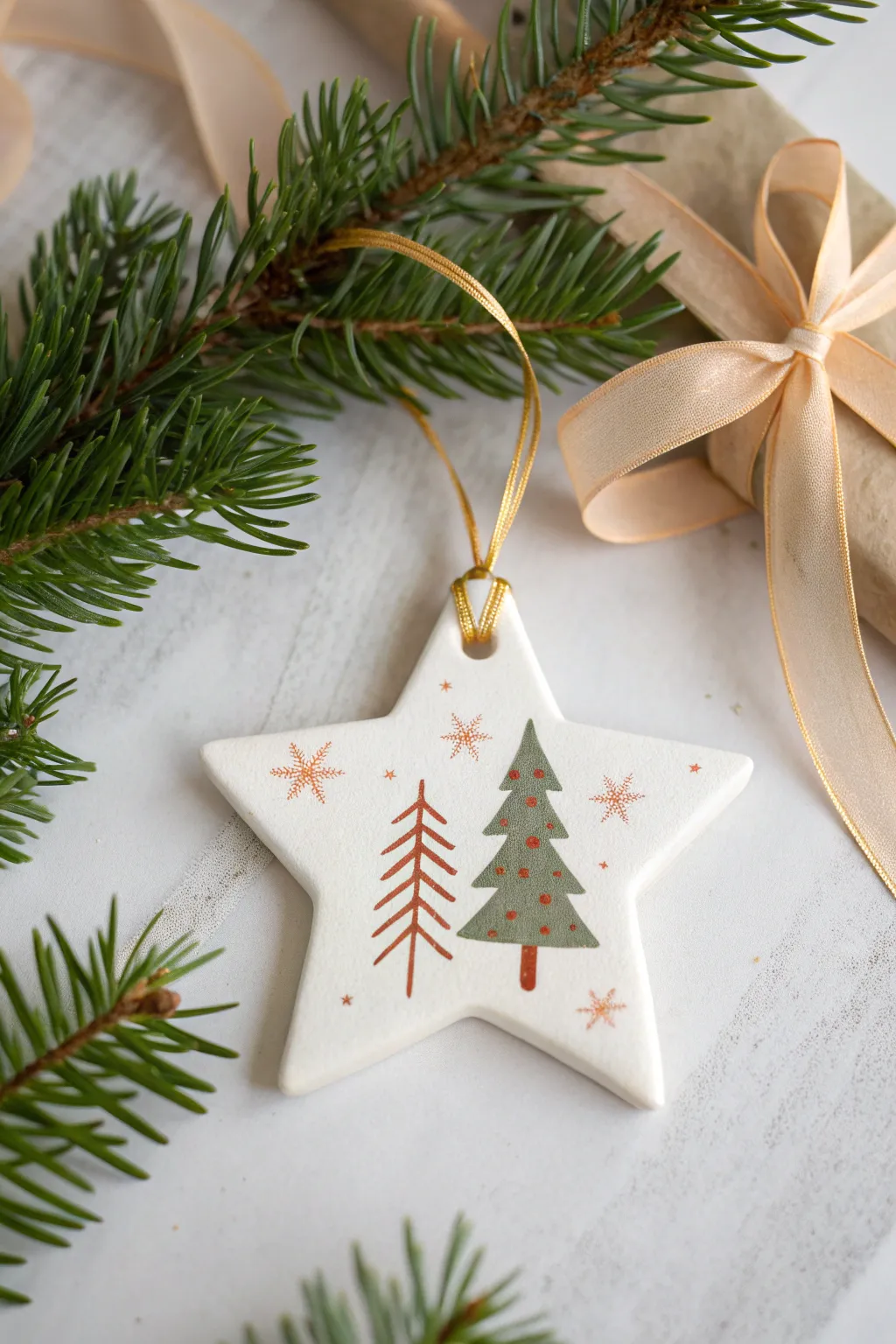 Minimal star and tree polymer clay ornaments with linen ribbon on a pine branch