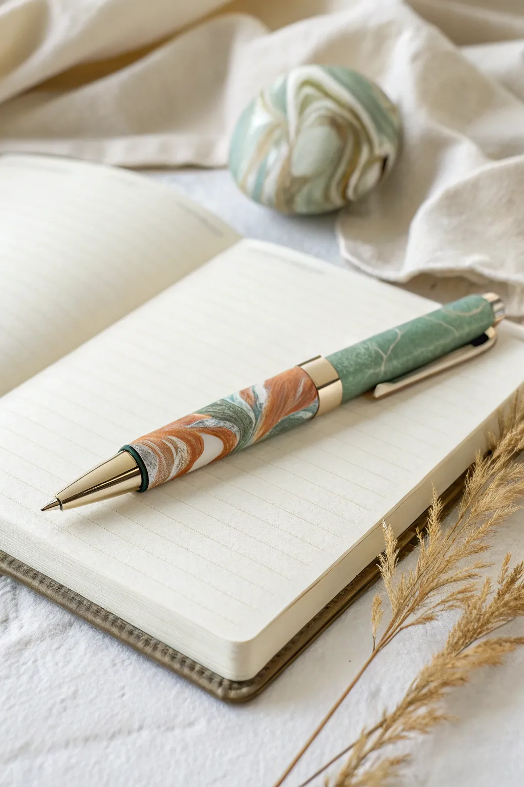 Classic marbled polymer clay pen on a minimalist notebook, soft Nordic-boho styling.