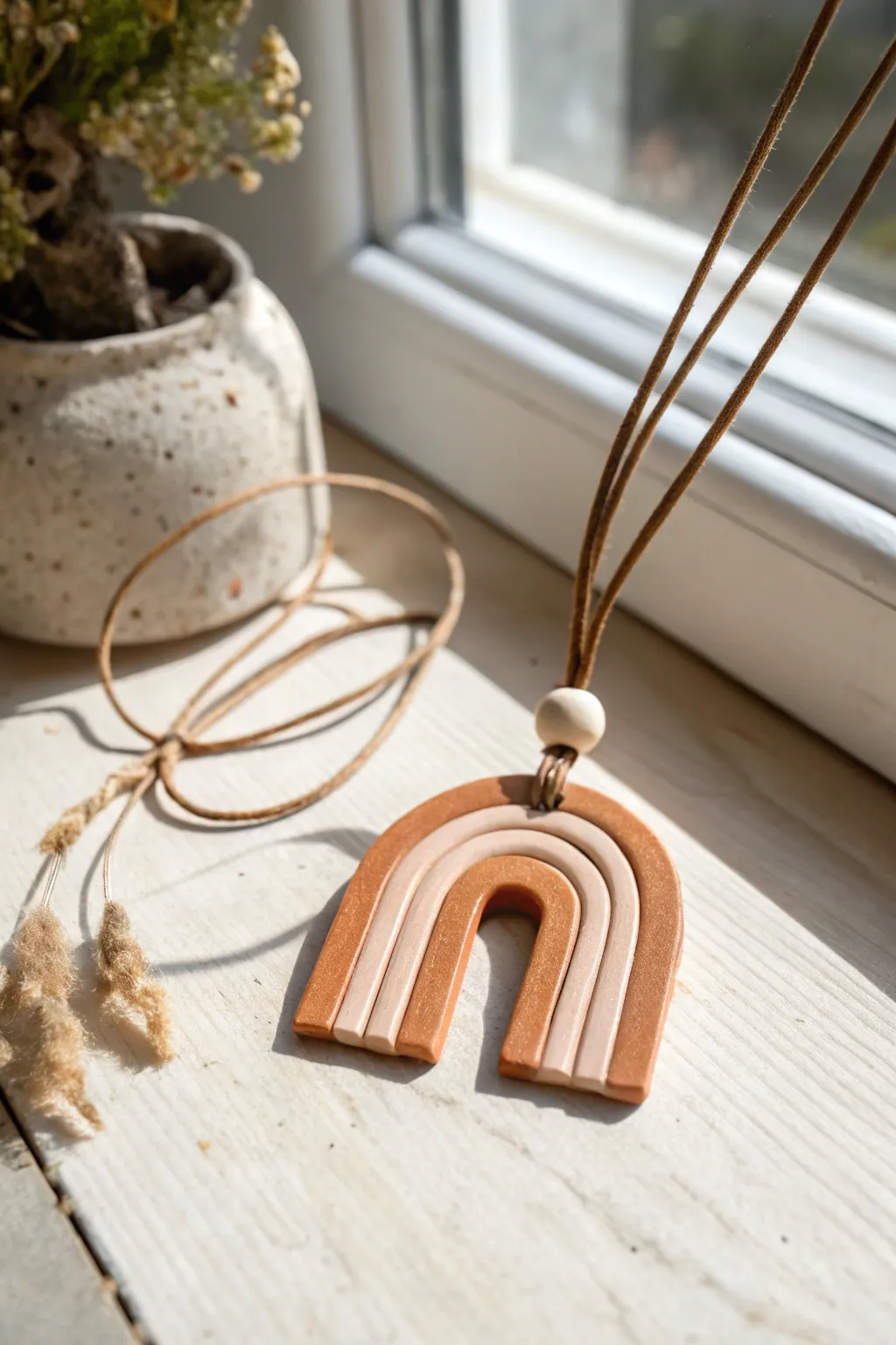 Minimal arch pendant with geometric cutout in warm clay tones, perfect for simple DIY jewelry.