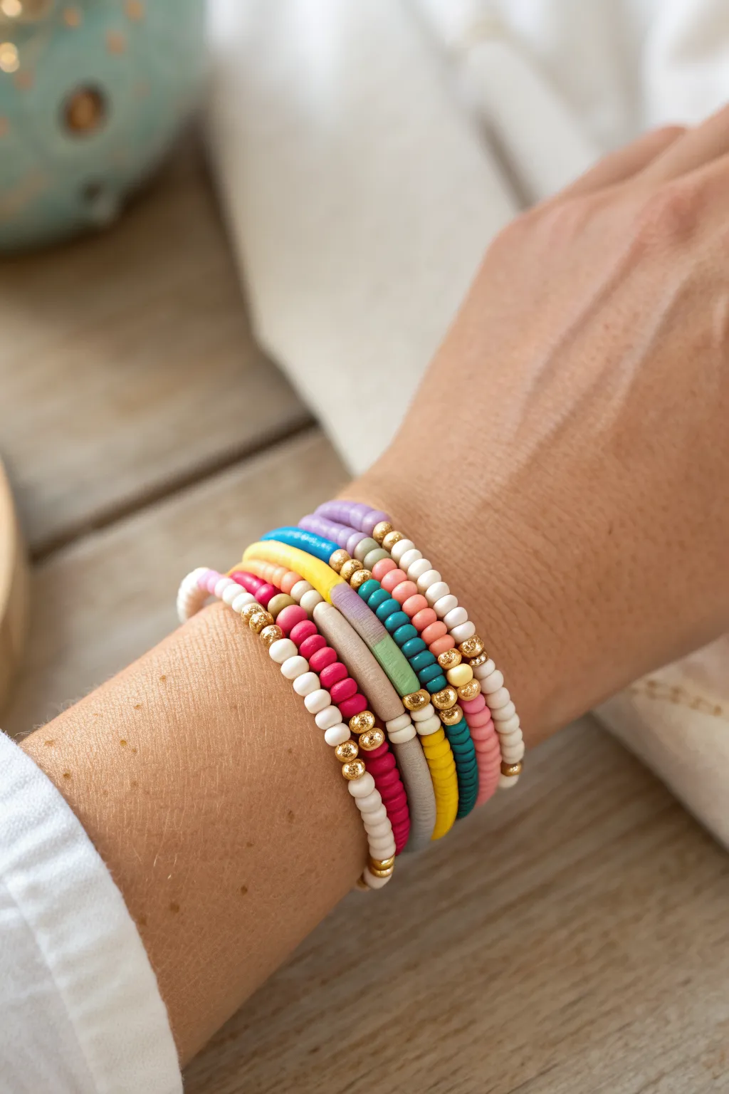 Classic rainbow heishi stack for an effortless everyday look, minimal, bright, and handmade.