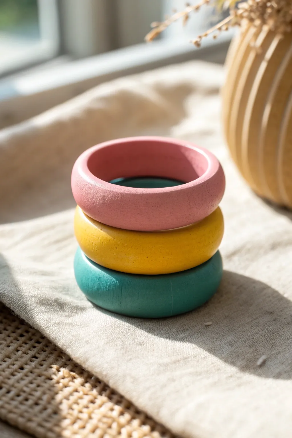 Chunky solid-color polymer clay band rings stacked for a bold minimalist pop of color