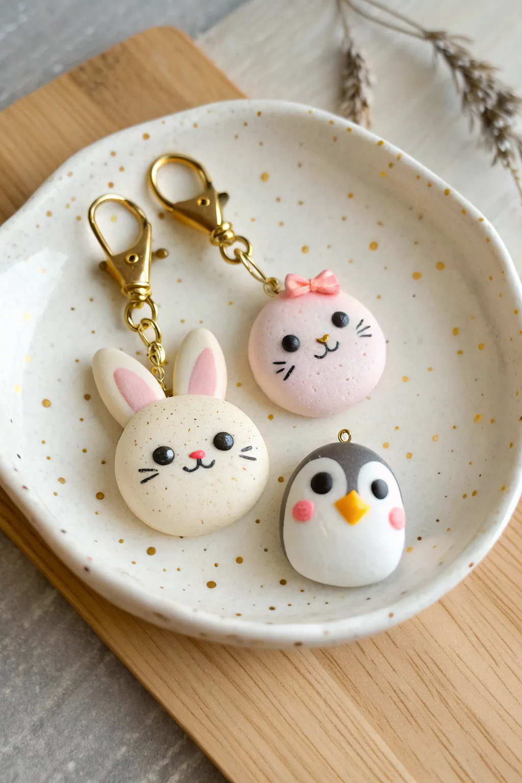 Chubby kawaii polymer clay animal charms styled in minimalist Scandinavian tones with soft boho warmth