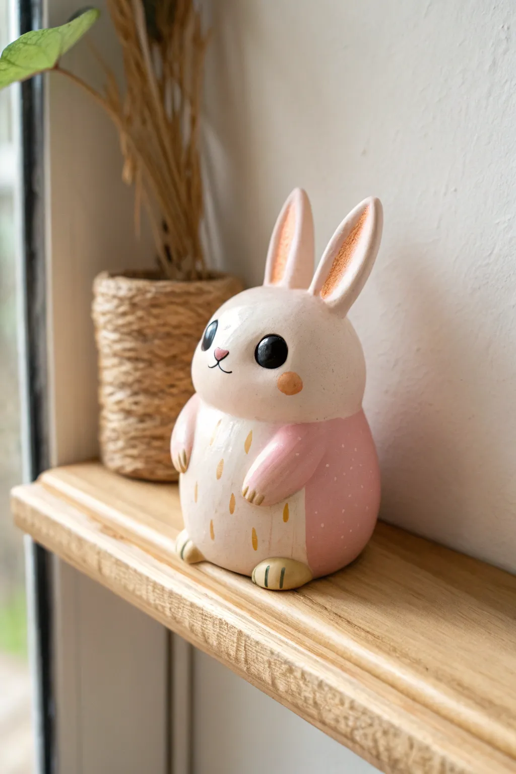 Chubby pastel polymer clay bunny with glossy eyes, minimalist shelf styling, sweet and simple