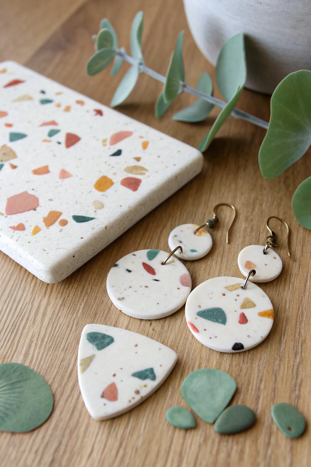 Terrazzo scrap-chip polymer clay slab with matching arch, circle, and teardrop earrings.