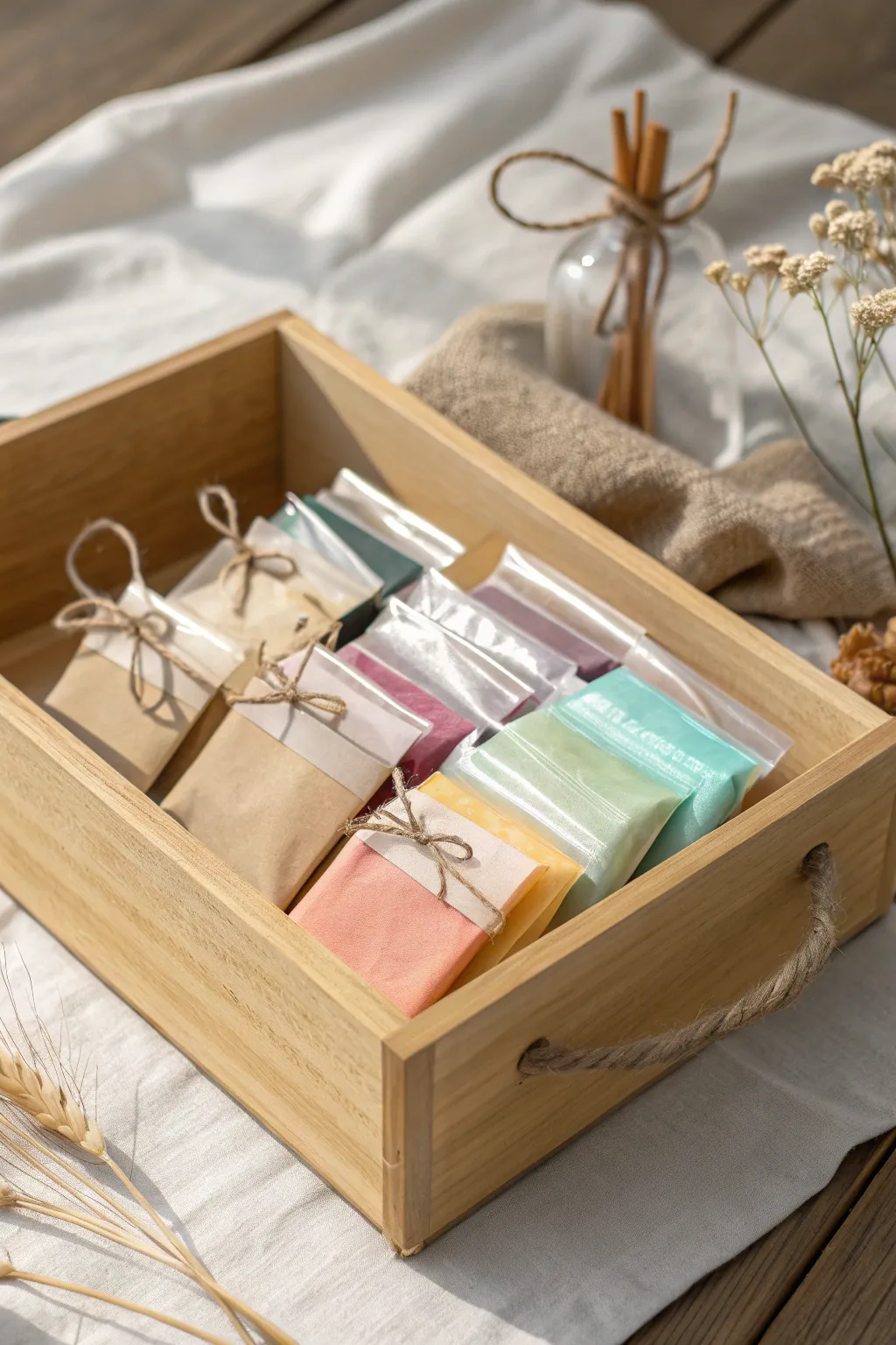 Neat color-sorted polymer clay bags in a shallow bin for clean, clutter-free storage.