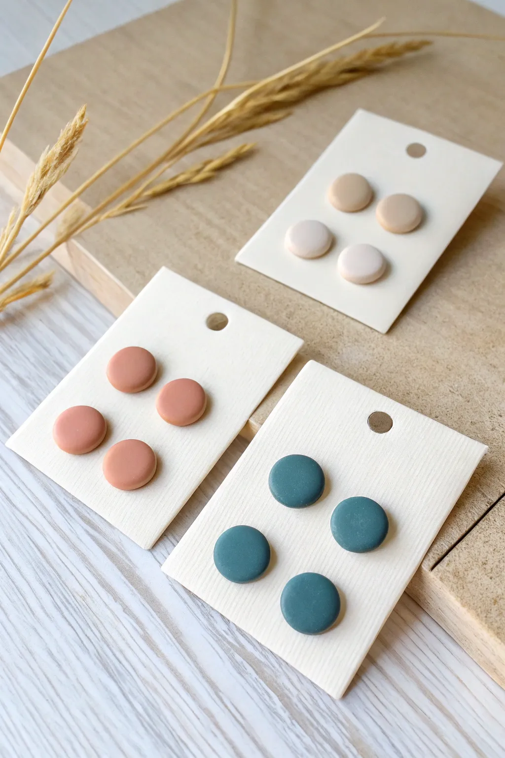 Classic round polymer clay dot studs in neutral, pastel, and bold tones on crisp white cards.