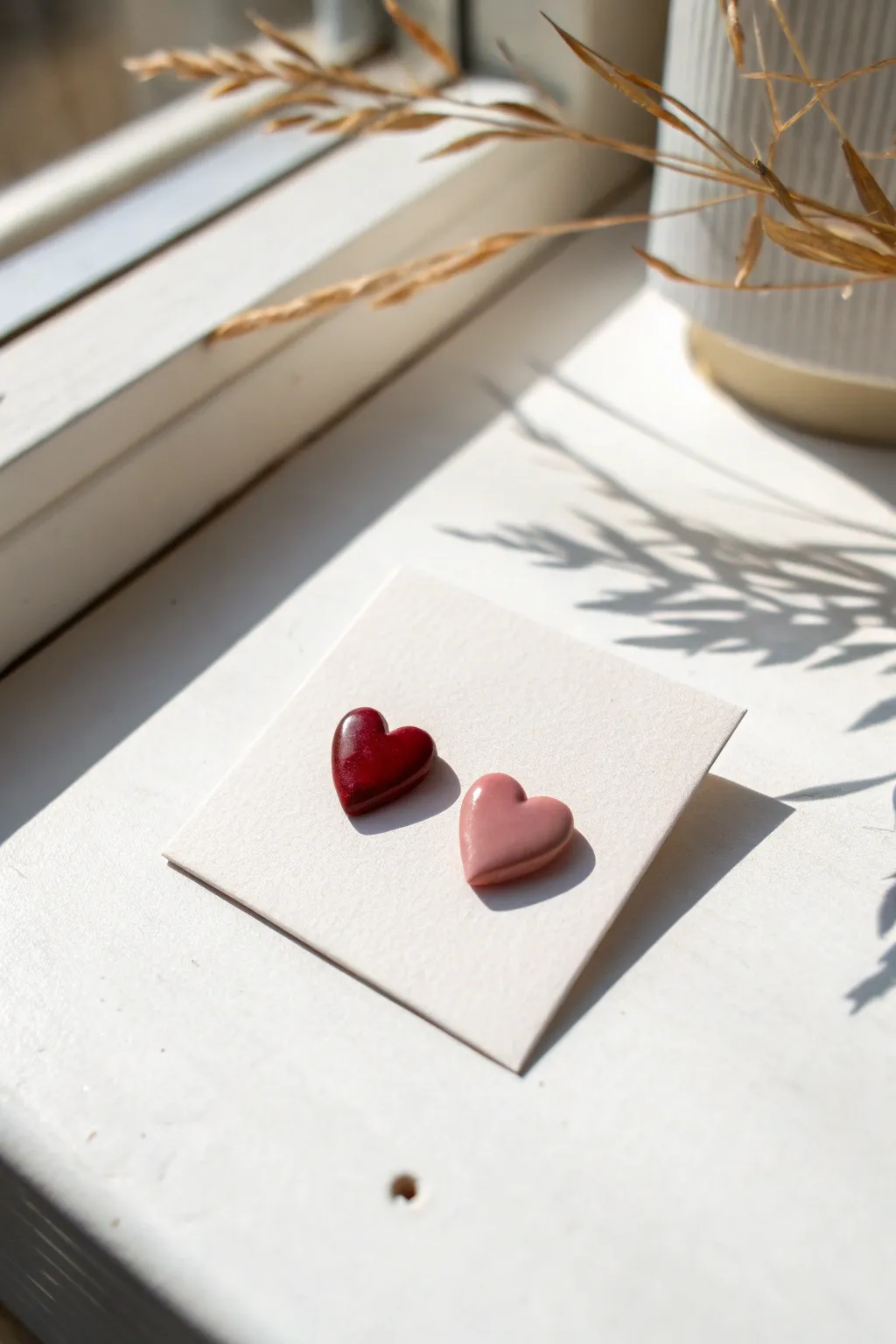 Classic polymer clay heart studs in cherry red and blush, minimal and sweet for Valentines.