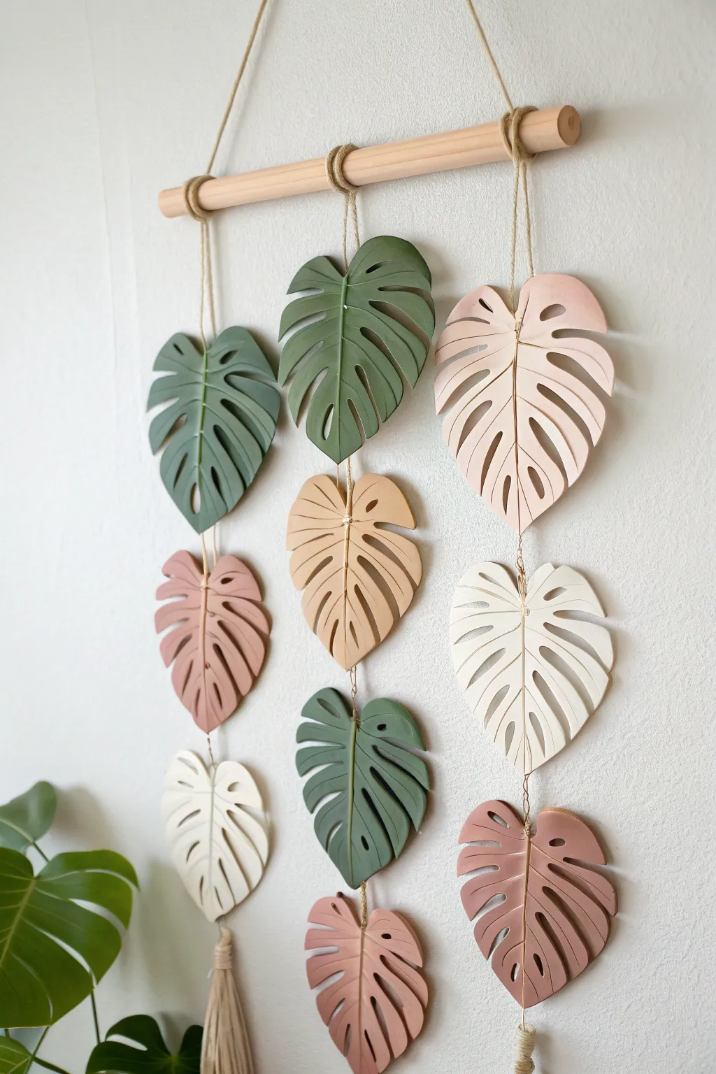 Minimalist polymer clay monstera leaf wall hanging in soft tones, with crisp shadows and texture