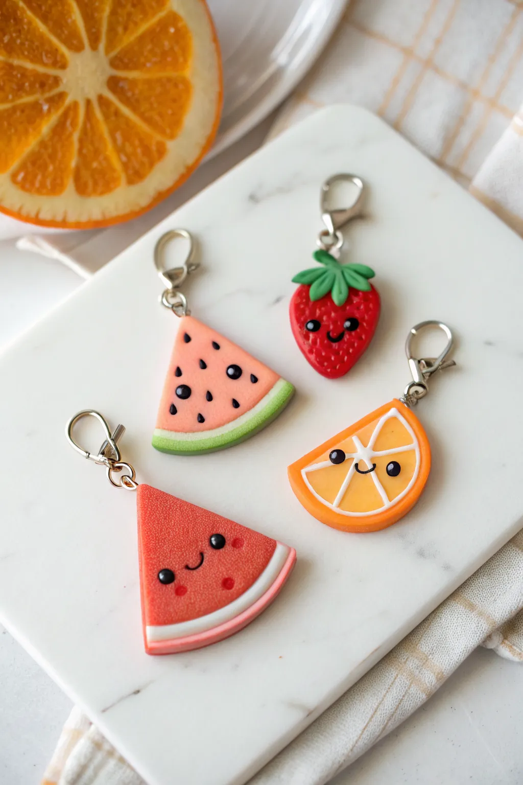 Sweet smiley fruit slice charms in bright polymer clay, perfect for keychains and earrings.