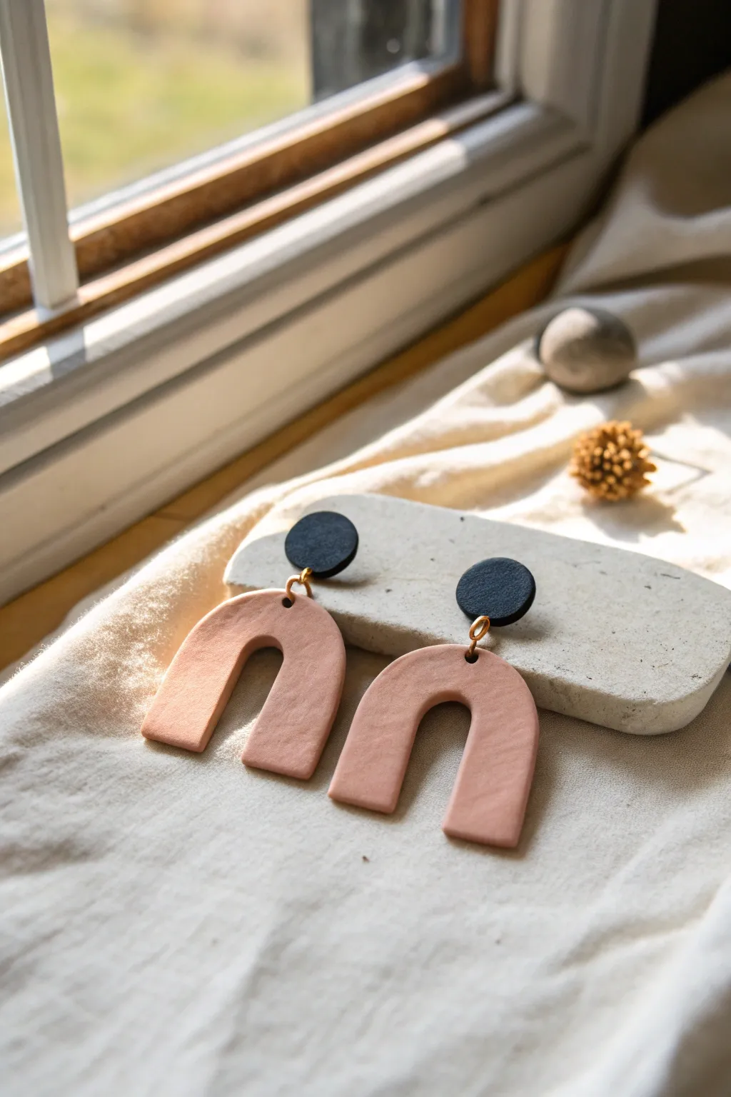 Minimal polymer clay statement earrings in soft neutrals, simple shapes with handcrafted charm.