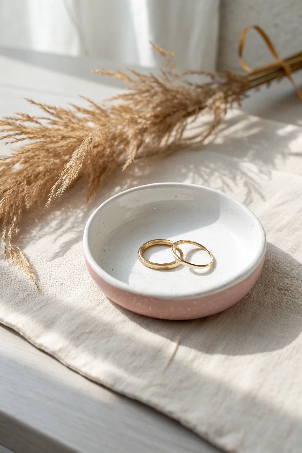 Classic smooth rim porcelain trinket dish in matte white and blush, styled with simple rings