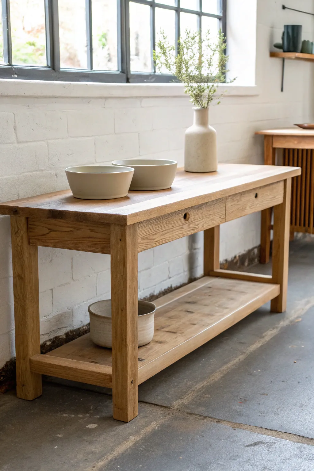Classic heavy duty potters bench in warm wood, minimalist studio styling, built to last.