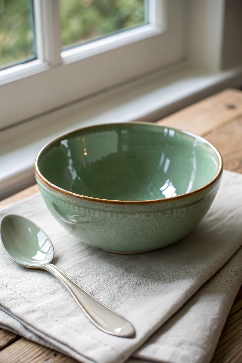 Classic glossy everyday bowl on linen with soft light and clean Scandinavian minimal styling.