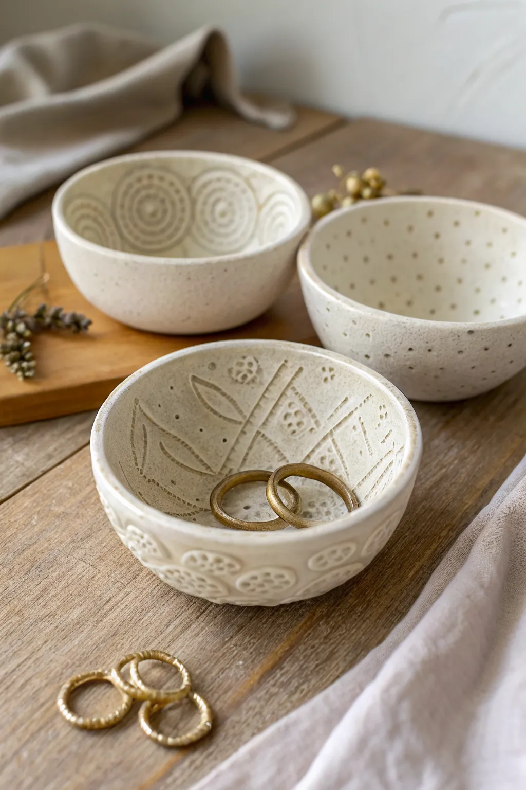 Minimal textured pinch pot trinket bowls in neutral glaze, styled for rings and tiny finds.