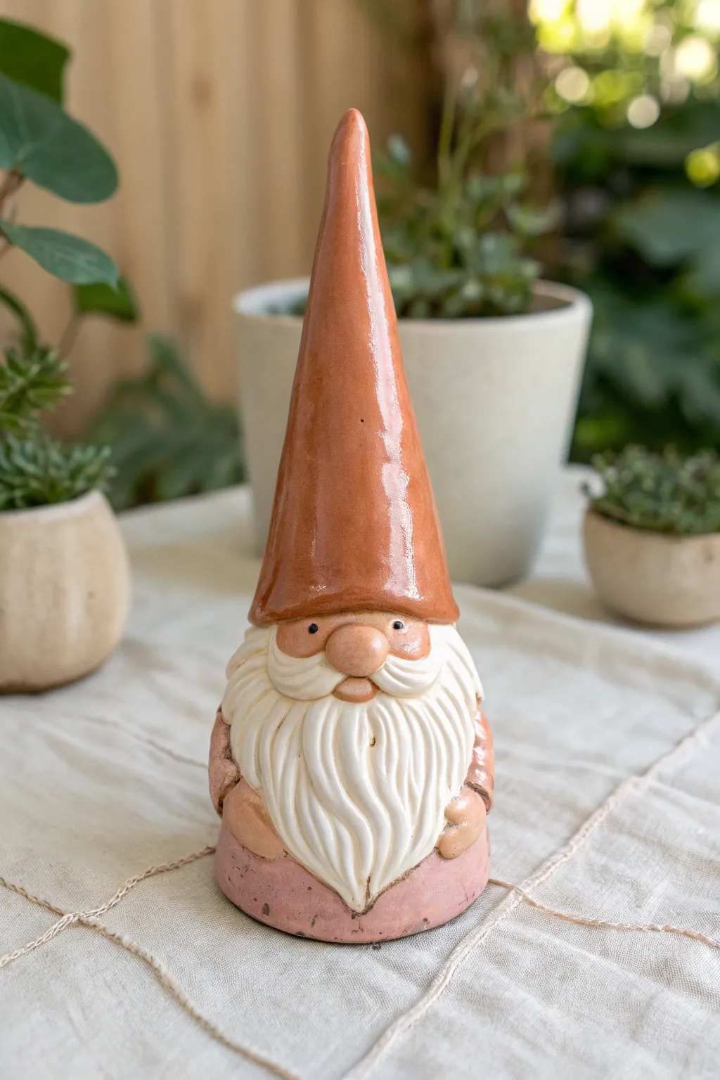 Classic cone-hat ceramic gnome with soft glaze and neutral beard, a minimal garden guardian