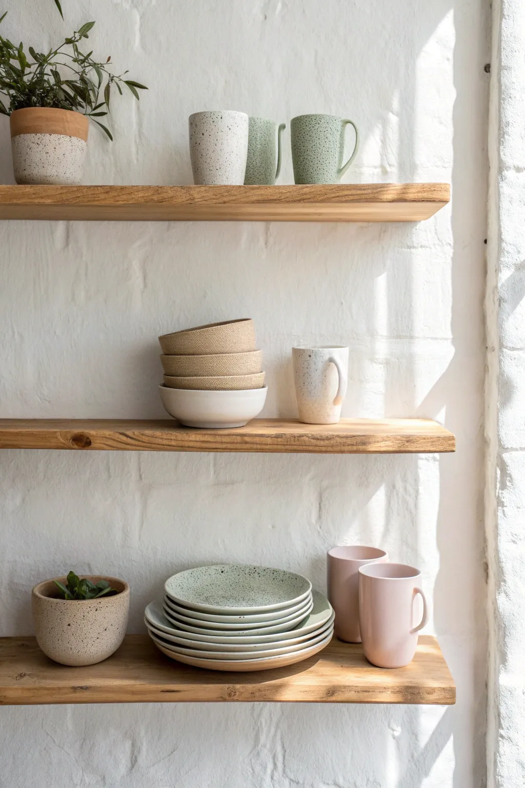 Open shelf styling with calm glaze tones and stacked handmade stoneware for an everyday display