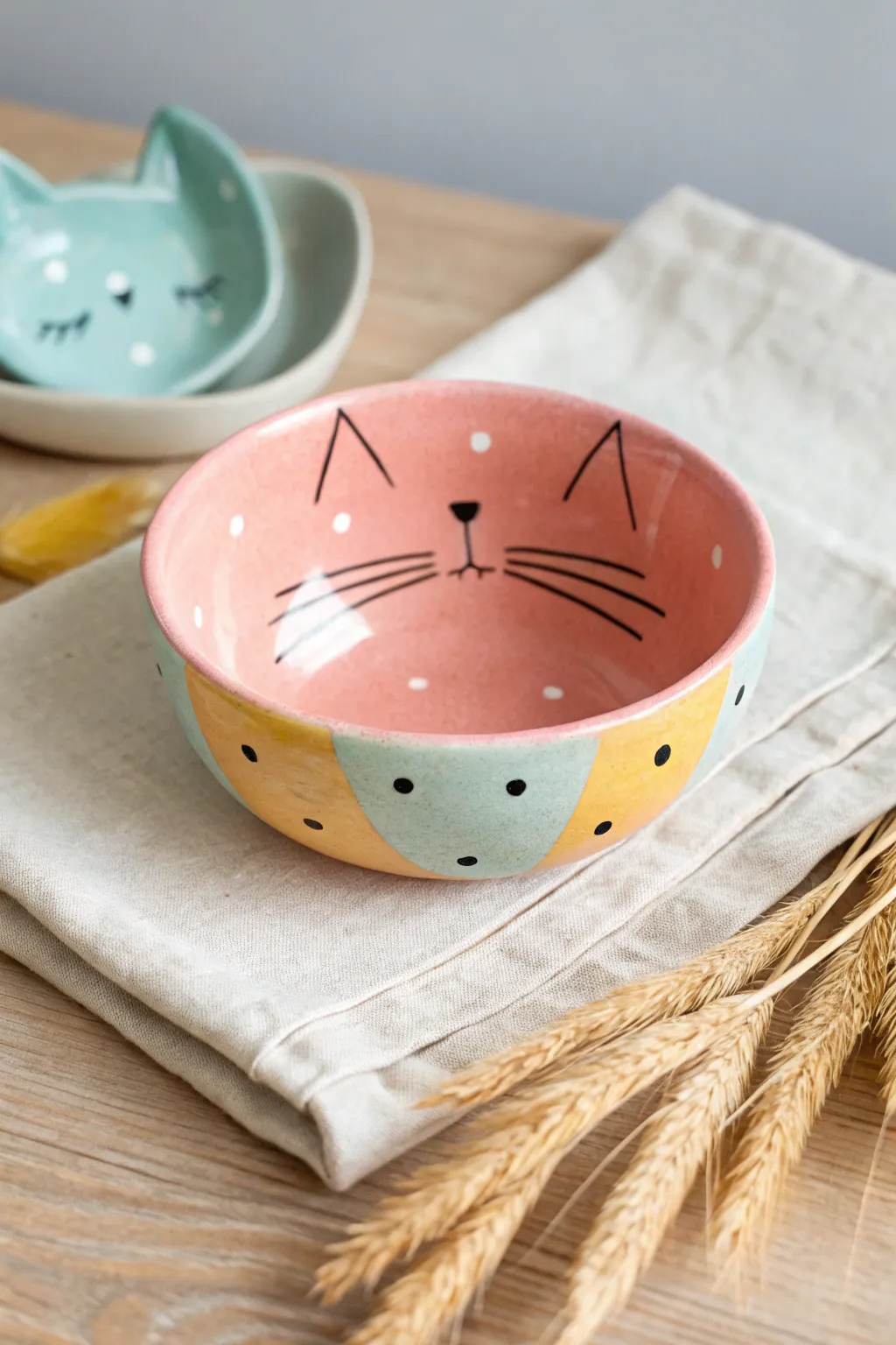 Playful pinch pot cat bowl with big ears, bold colors, and soft Scandinavian boho styling.