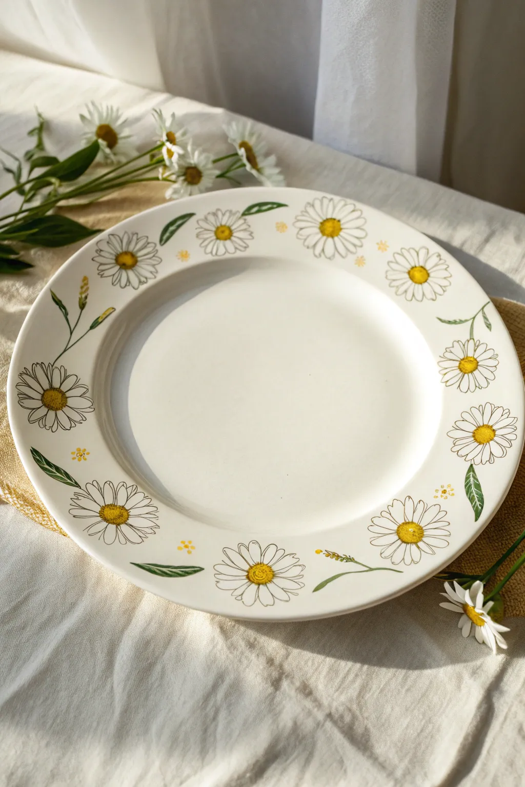 Classic daisy rim on a bright white dinner plate for an airy, timeless floral pottery look