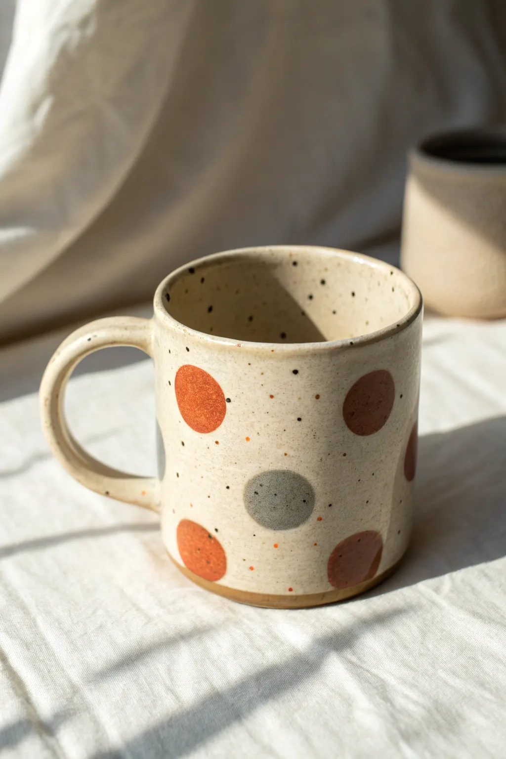 Playful polka dot scatter on a cream mug, simple, hand-done, and effortlessly modern.